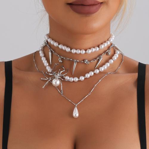 alliage de zinc collier, avec perle de plastique, araignée, Placage de couleur platine, multicouche & style gothique & pour femme, Vendu par PC