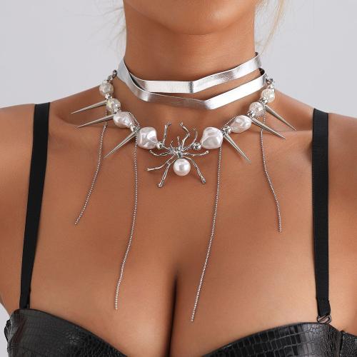 Tibetan Style Necklace, with PU Leather & Plastic Pearl, Spider, platinum color plated, fashion jewelry & for woman, Sold By PC