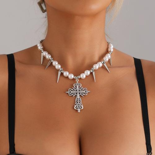 Tibetan Style Necklace, with Plastic Pearl, with 1.9inch extender chain, Cross, platinum color plated, fashion jewelry & for woman, Length:Approx 16.5 Inch, Sold By PC