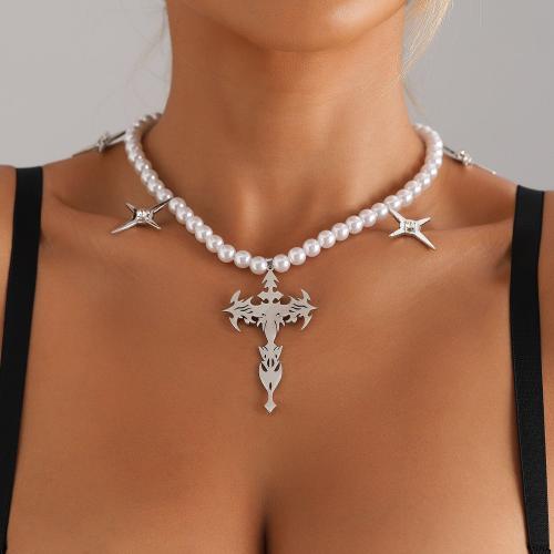 Tibetan Style Necklace, with Plastic Pearl, with 1.9inch extender chain, Cross, platinum color plated, for woman & with rhinestone, Length:Approx 16.5 Inch, Sold By PC