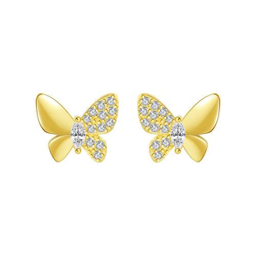 Pendientes de Micro Pavé de Zirconía Cúbica en Plata de Ley, Plata de ley 925, Mariposa, Joyería & micro arcilla de zirconia cúbica & para mujer, 6.90x8.10mm, Vendido por Par