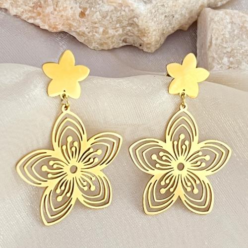 Stainless Steel Drop Earring, 304 Stainless Steel, Flower, 18K gold plated, fashion jewelry & for woman & hollow, golden, 35x53mm, Sold By Pair