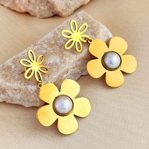 Stainless Steel Drop Earring, 304 Stainless Steel, with Plastic Pearl, Flower, fashion jewelry & for woman, golden, 50mm, Sold By Pair