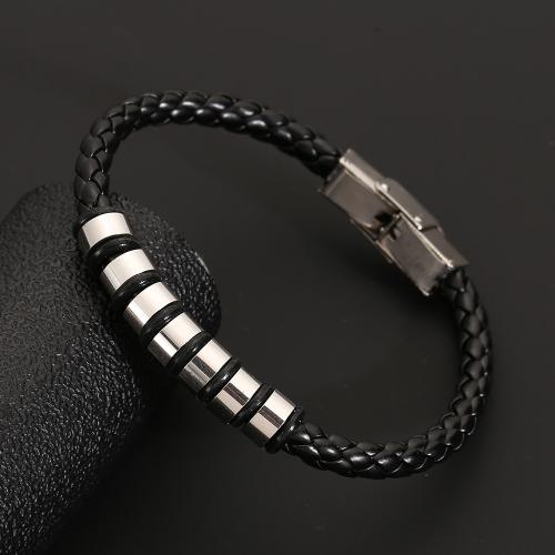 PU Leather Cord Bracelets, 201 Stainless Steel, with PU Leather, fashion jewelry & Unisex, Jet, Length:Approx 21.5 cm, Sold By PC