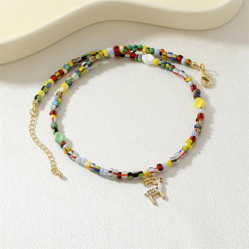 Tibetan Style Jewelry Necklace, with Resin, Deer, gold color plated, micro pave cubic zirconia & for woman & enamel, multi-colored, nickel, lead & cadmium free, Sold By PC