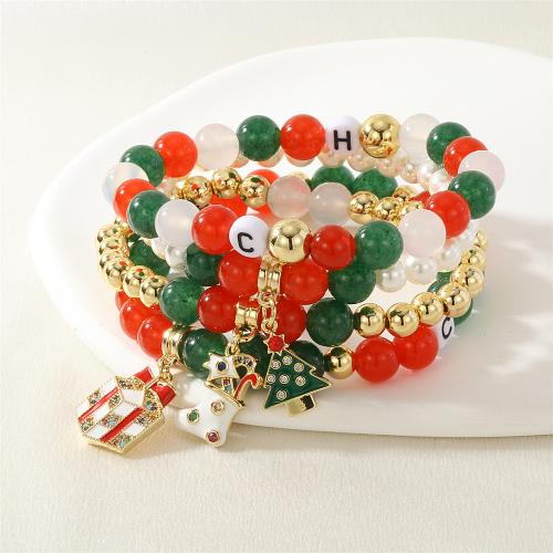 Christmas Holiday Bracelet, Brass, with Gemstone & Shell & Resin, gold color plated, different styles for choice & micro pave cubic zirconia & for woman & enamel, more colors for choice, nickel, lead & cadmium free, Sold By PC