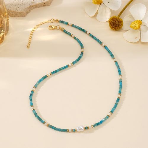 Natural Gemstone Necklace, Brass, with Gemstone & Plastic Pearl, gold color plated, for woman, blue, nickel, lead & cadmium free, Sold By PC