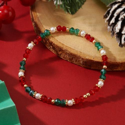 Bracelet de perles de verre, avec perle de plastique & laiton, Placage de couleur d'or, Conception de Noël & pour femme, couleurs mélangées, protéger l'environnement, sans nickel, plomb et cadmium, Vendu par PC