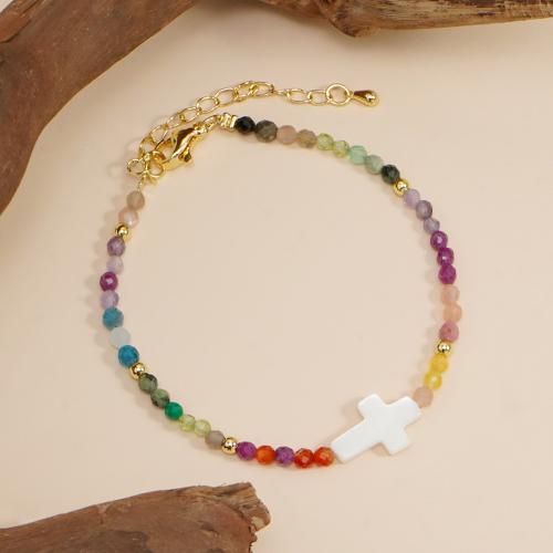 Glass Beads Bracelet, with Shell, Cross, gold color plated, for woman, multi-colored, nickel, lead & cadmium free, Sold By PC