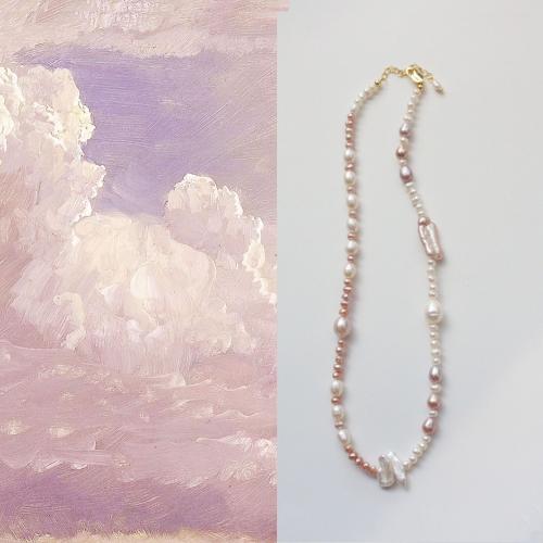 Collier de perles d'eau douce naturelles, perle d'eau douce cultivée, avec laiton, avec 6cm chaînes de rallonge, bijoux de mode, rose, Longueur:38 cm, Vendu par PC