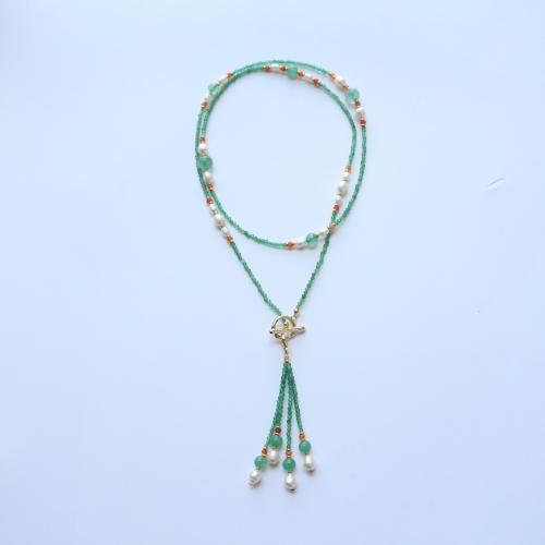 Collier bijoux de pierre gemme, avec perle d'eau douce cultivée & laiton, bijoux de mode, vert, Longueur:70 cm, Vendu par PC