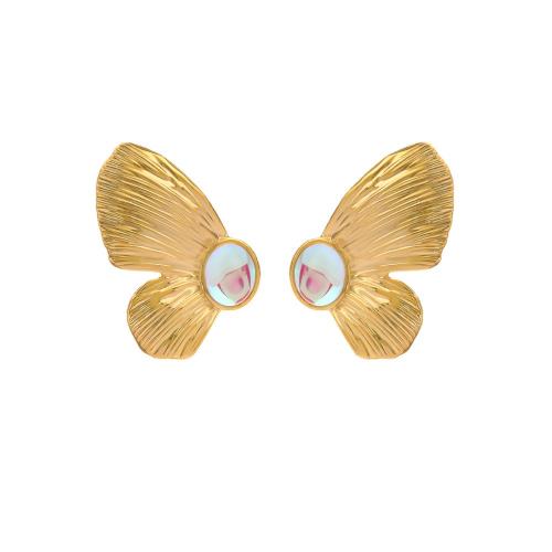 Stainless Steel Stud Earrings, 304 Stainless Steel, with Resin, Butterfly, plated, fashion jewelry & for woman, golden, Sold By Pair