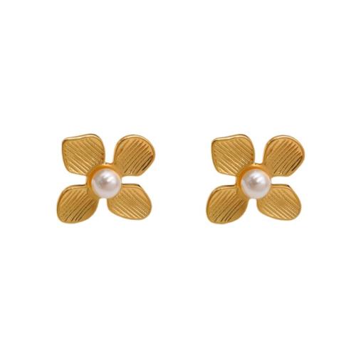 Stainless Steel Stud Earrings, 304 Stainless Steel, with Plastic Pearl, petals, plated, for woman, gold, Sold By Pair