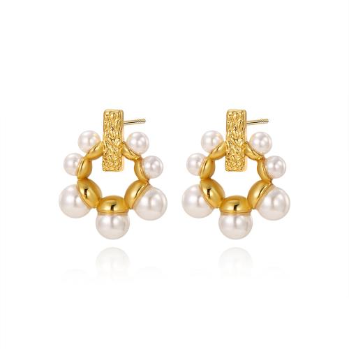 Stainless Steel Stud Earrings, 304 Stainless Steel, with Plastic Pearl, plated, different styles for choice & for woman, gold, Sold By Pair