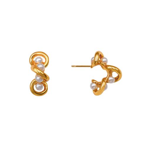 Stainless Steel Stud Earrings, 304 Stainless Steel, with Plastic Pearl, plated, for woman, gold, Sold By Pair