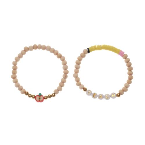 Pulseras de madera, con Arcilla polimero & Acrílico, 2 piezas & para mujer, beige, longitud:aproximado 18-30 cm, Vendido por Set