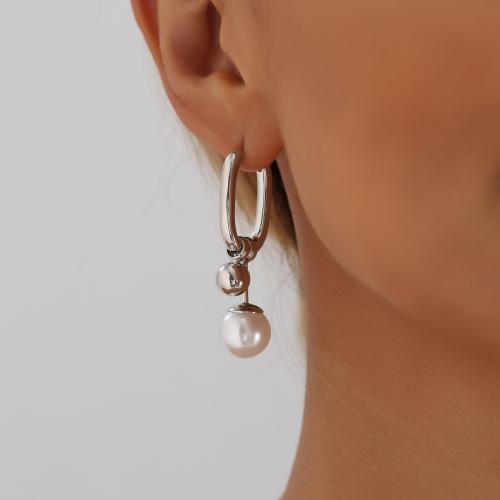 Tibetan Style Asymmetric Earrings, with Plastic Pearl, platinum color plated, for woman & hollow, Sold By Pair