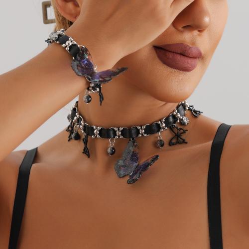 Tibetan Style Bracelet and Necklace, with PU Leather & Glass, Butterfly, platinum color plated, gothic style & different styles for choice & for woman, Sold By PC