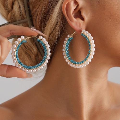 Tibetan Style Hoop Earring, with Crystal & Plastic Pearl, Donut, gold color plated, folk style & for woman, 60mm, Sold By Pair