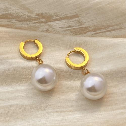 Huggie Hoop Drop Earring, 304 Stainless Steel, with Plastic Pearl, fashion jewelry & for woman, golden, 36x16mm, Sold By Pair