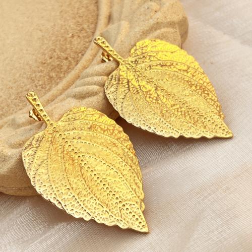 Boucle d'oreille de gaujon en acier inoxydable, Acier inoxydable 304, feuille, Plaqué or 18K, bijoux de mode & pour femme, doré, 70x43mm, Vendu par paire