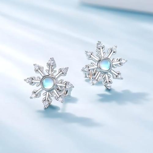 Cubic Zirconia Micro Pave Brass Earring, with Moonstone, Snowflake, fashion jewelry & micro pave cubic zirconia & for woman, 17mm, Sold By Pair