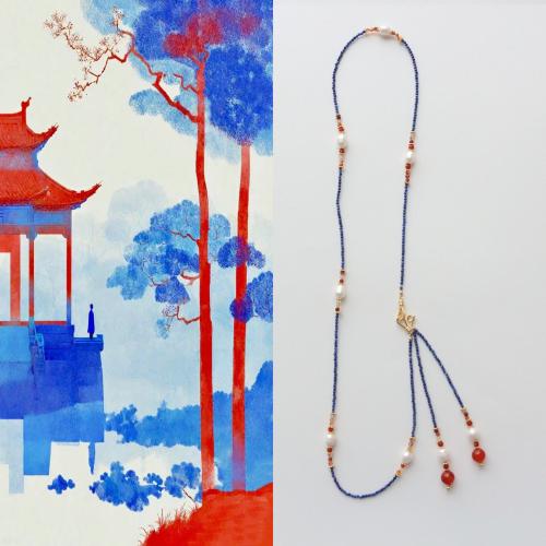 Collier bijoux de pierre gemme, avec perle d'eau douce cultivée & laiton, bijoux de mode, bleu, Longueur:75 cm, Vendu par PC