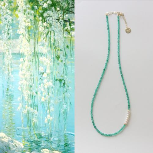 Natural Gemstone Necklace, with Freshwater Pearl & Brass, with 6cm extender chain, fashion jewelry, green, Length:40 cm, Sold By PC