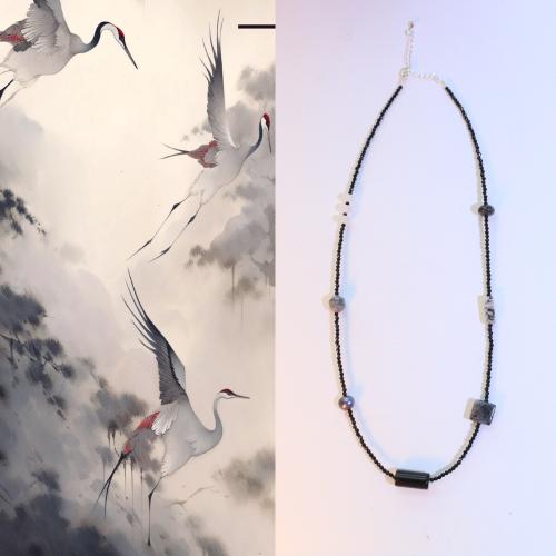 Collier bijoux de pierre gemme, avec 5cm chaînes de rallonge, bijoux de mode, noire, Longueur:44 cm, Vendu par PC