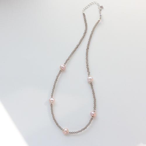 Collier bijoux de pierre gemme, avec perle d'eau douce cultivée, avec 5cm chaînes de rallonge, bijoux de mode, gris, Longueur:42 cm, Vendu par PC