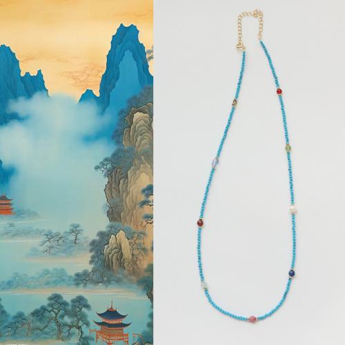 Collier bijoux de pierre gemme, avec perle d'eau douce cultivée & laiton, avec 6cm chaînes de rallonge, bijoux de mode, bleu, Longueur:43 cm, Vendu par PC