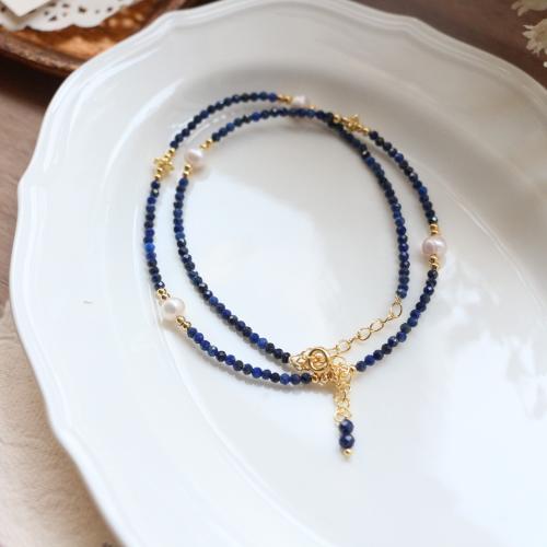 Natural Gemstone Necklace, with Freshwater Pearl & Brass, with 5cm extender chain, fashion jewelry, blue, Length:39 cm, Sold By PC