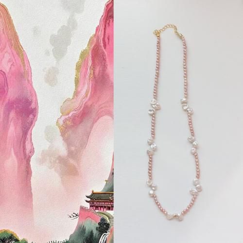 Collier de perles d'eau douce naturelles, perle d'eau douce cultivée, avec 6cm chaînes de rallonge, bijoux de mode, rose, Longueur:38 cm, Vendu par PC