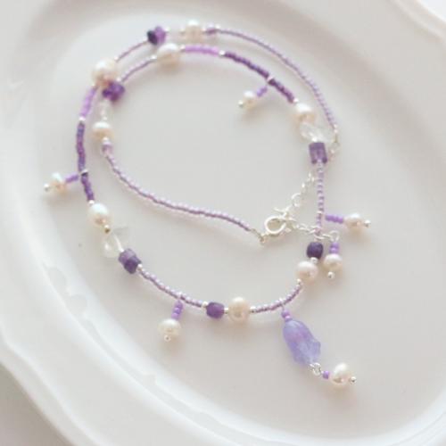 Natural Gemstone Necklace, with Freshwater Pearl, fashion jewelry, purple, Length:38 cm, Sold By PC