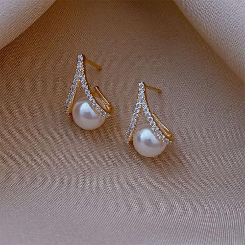 Tibetan Style Stud Earring, with Plastic Pearl, plated, fashion jewelry & for woman & with rhinestone, golden, 80x70x5mm, Sold By Pair