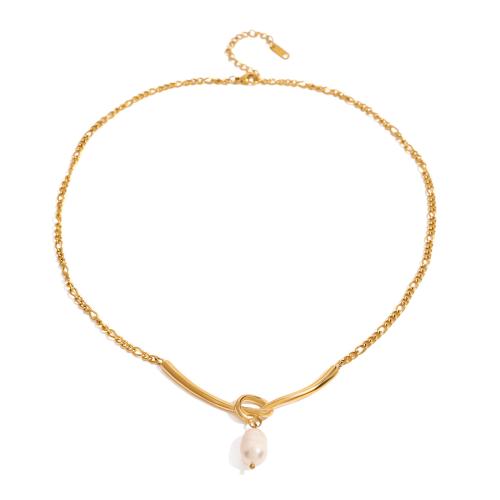 Stainless Steel Jewelry Necklace, 304 Stainless Steel, with Plastic Pearl, with 1.96 Inch extender chain, plated, fashion jewelry & for woman, golden, Length:17.7 Inch, Sold By PC