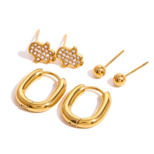 Stainless Steel Stud Earrings, 304 Stainless Steel, plated, three pieces & for woman & with rhinestone, golden, Sold By Set