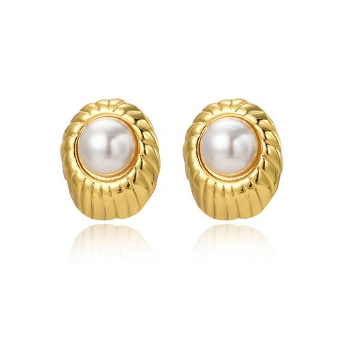 Stainless Steel Stud Earrings, 304 Stainless Steel, with Plastic Pearl, plated, for woman, gold, Sold By Pair