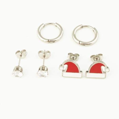 Stainless Steel Drop Earring, 304 Stainless Steel, plated, three pieces & micro pave cubic zirconia & for woman & enamel, original color, Sold By Lot