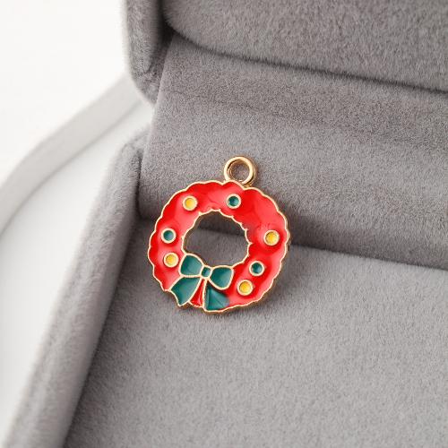 Tibetan Style Enamel Pendants, Christmas Wreath, gold color plated, DIY, 16x1x19mm, 500PCs/Bag, Sold By Bag