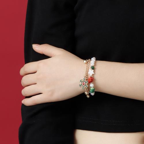 Tibetan Style Bracelet, with Gemstone & Plastic Pearl, Snowflake, gold color plated, Double Layer & Christmas jewelry & for woman & enamel, Length:Approx 6-8 Inch, Sold By PC