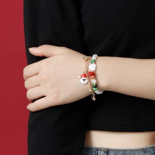 Tibetan Style Bracelet, with Gemstone & Plastic Pearl, Santa Claus, gold color plated, Double Layer & Christmas jewelry & for woman & enamel, Length:Approx 6-8 Inch, Sold By PC