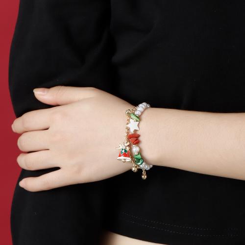 alliage de zinc bracelet, avec pierre gemme & perle de plastique, cloche de noël, Placage de couleur d'or, Double couche & Bijoux de Noël & pour femme & émail, Longueur:Environ 6-8 pouce, Vendu par PC