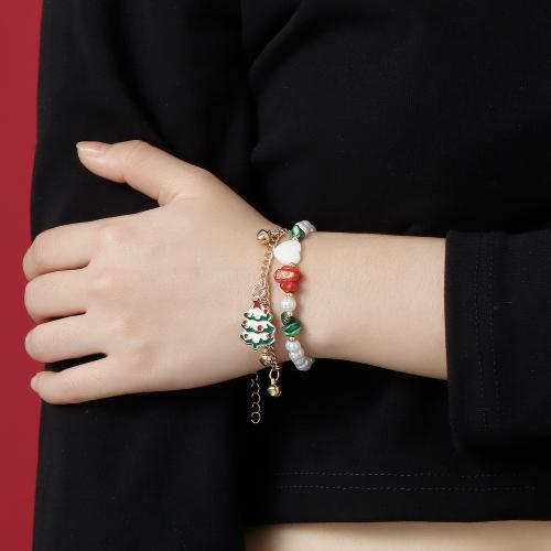 Tibetan Style Bracelet, with Gemstone & Plastic Pearl, Christmas Tree, gold color plated, Christmas jewelry & for woman & enamel, Length:Approx 6-8 Inch, Sold By PC