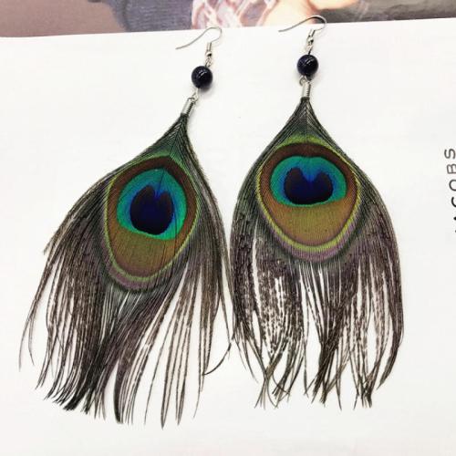 Fashion Feather Earring, with Gemstone, fashion jewelry & for woman, more colors for choice, 120mm, Sold By Pair