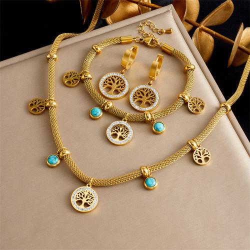 Fashion Stainless Steel Jewelry Sets, 304 Stainless Steel, with turquoise, Leaf, different styles for choice & for woman & with rhinestone, golden, Sold By PC