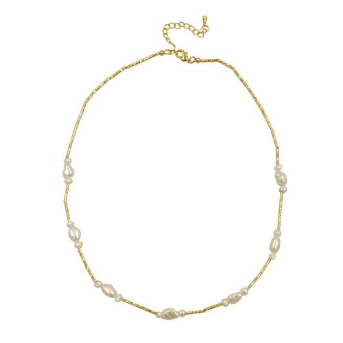 Freshwater Pearl Brass Necklace, with Freshwater Pearl, with 2 Inch extender chain, gold color plated, fashion jewelry & for woman, nickel, lead & cadmium free, Length:Approx 16 Inch, Sold By PC