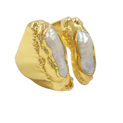 Anillo de dedo de latón, metal, con Amazonita & Perlas cultivadas de agua dulce, chapado en color dorado, Ajustable & Joyería & para mujer, más colores para la opción, libre de níquel, plomo & cadmio, tamaño:8, Vendido por UD