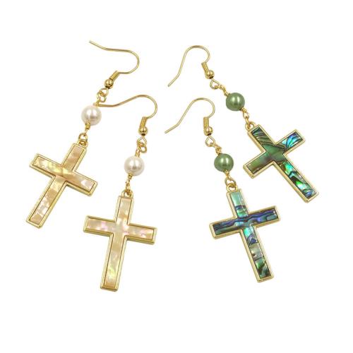 Brass Drop Earring, with Shell, Cross, gold color plated, fashion jewelry & for woman, more colors for choice, nickel, lead & cadmium free, 21.50x70mm, Sold By Pair