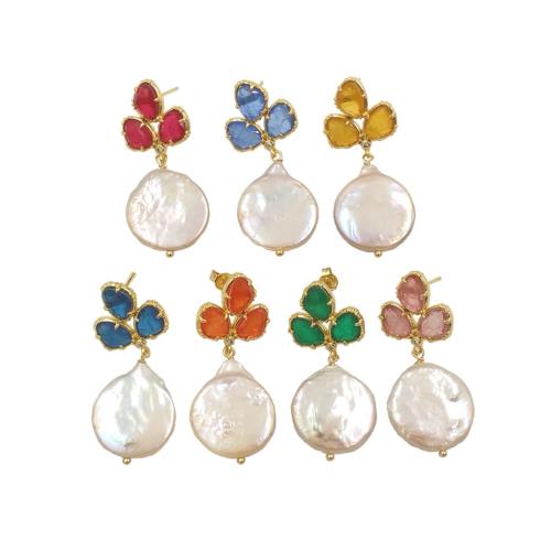 Pendientes de Perlas de Freshwater, Perlas cultivadas de agua dulce, con cúbica circonia & metal, chapado en color dorado, Joyería & para mujer, más colores para la opción, 20x45mm, Vendido por Par